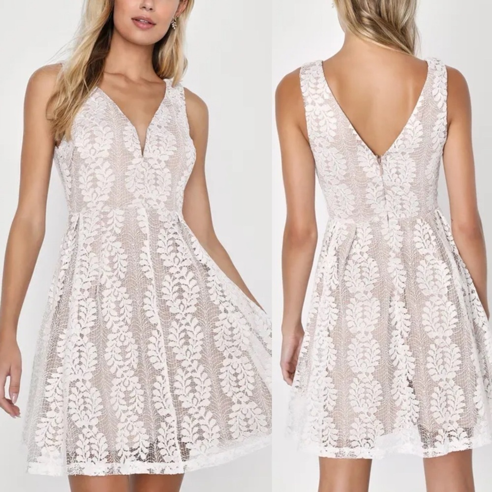 Lulu’s All of My Heart White Lace Skater Dress Sz Small